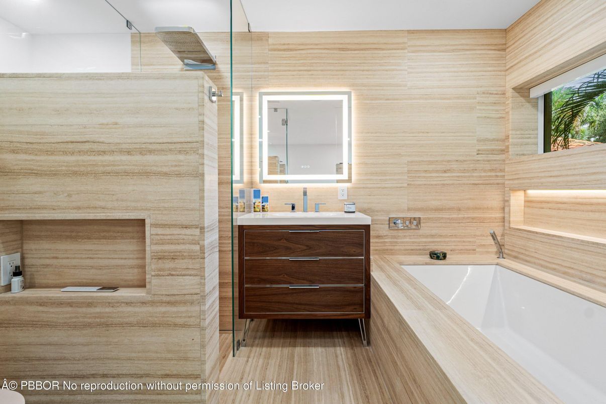 Bathroom, Glass Shower, Interior, Wood Texture Flooring