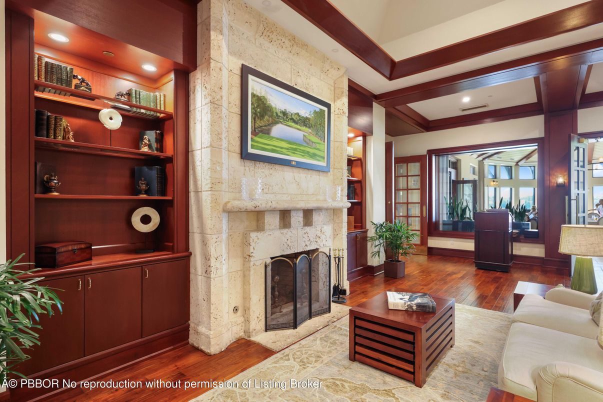 Fireplace, Interior, Living room, Recessed Lighting, Stone Walls, Wood Texture Flooring