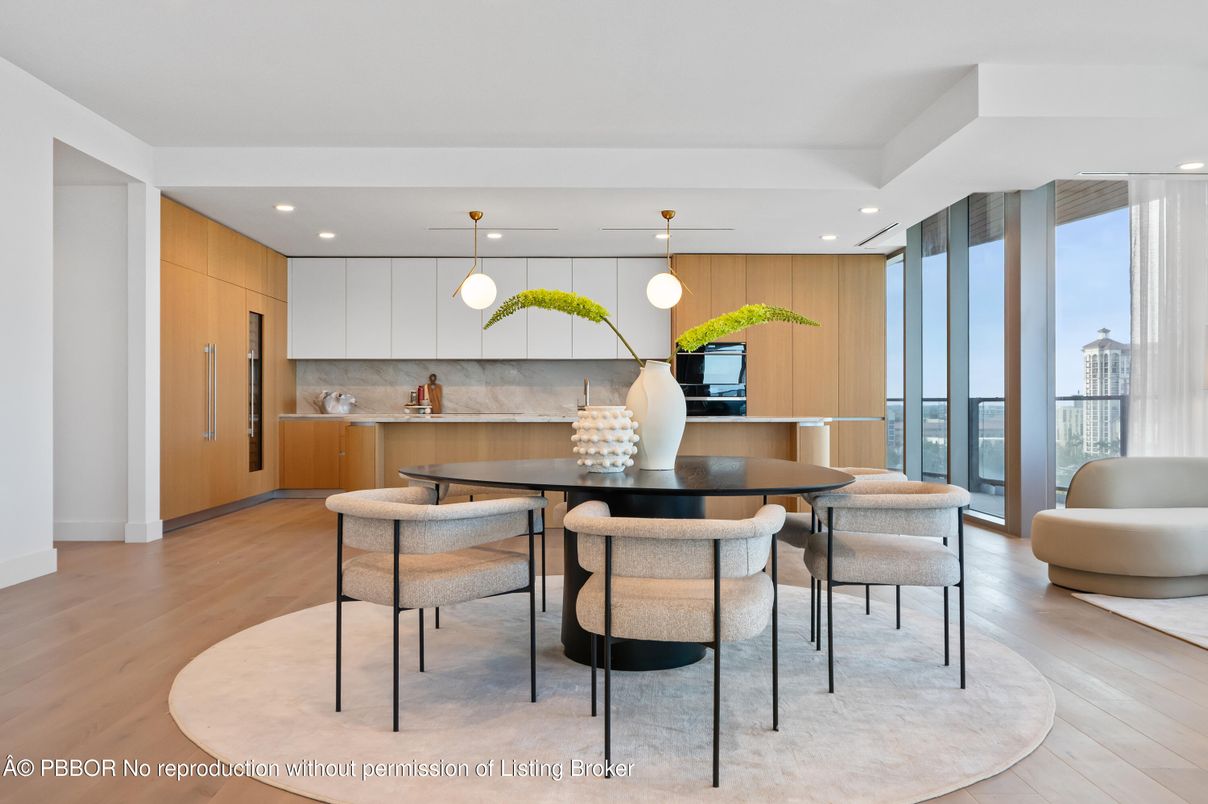 Dining room, Interior, Kitchen, Pendant Lights, Recessed Lighting, Stainless Steel Appliances, Wood Texture Flooring