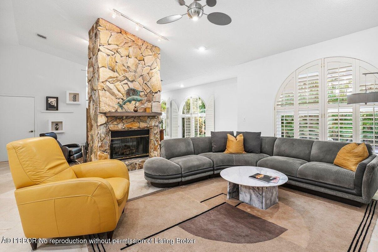 Fireplace, Interior, Living room, Recessed Lighting, Stone Walls