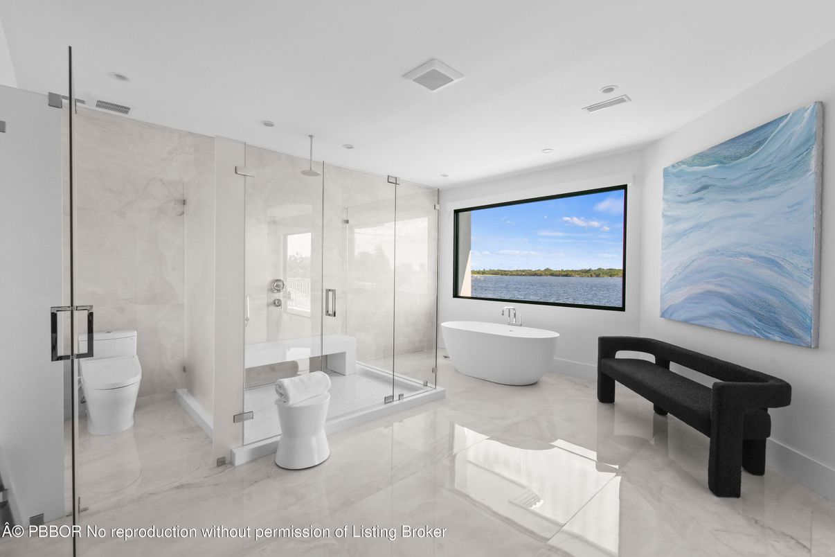 Bathroom, Free Standing Baths, Glass Shower, Interior, Marble, Marble Walls, Recessed Lighting, Water