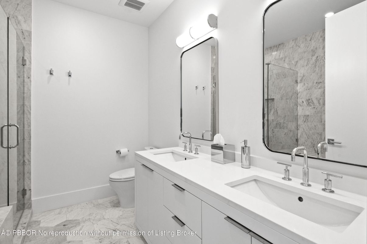 Bathroom, Dual Sink Vanities, Glass Shower, Interior, Marble, Marble Walls