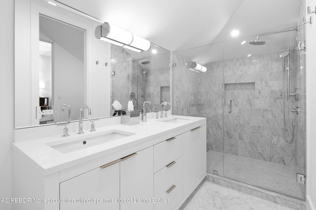 Bathroom, Dual Sink Vanities, Glass Shower, Interior, Marble, Marble Walls, Recessed Lighting