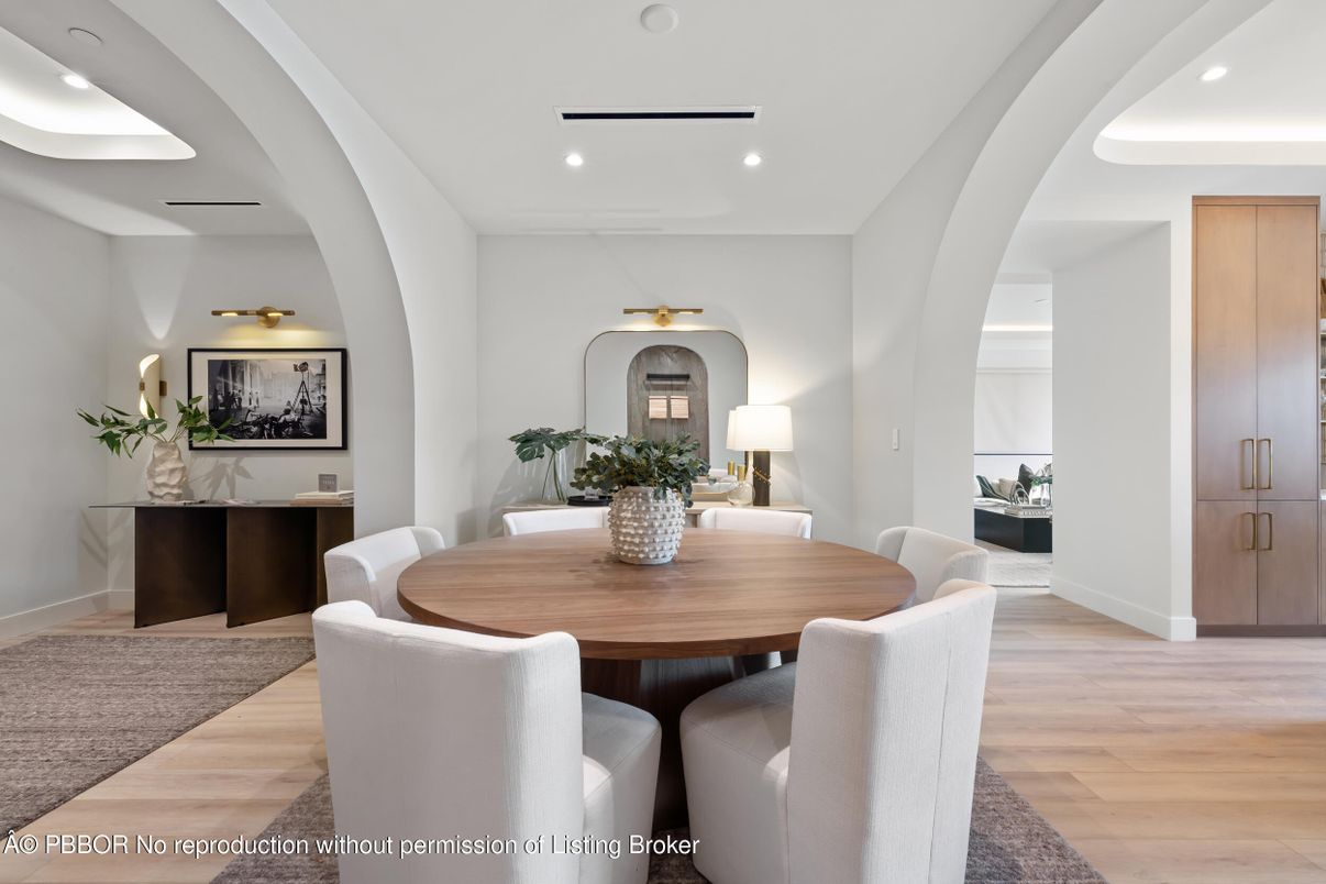 Dining room, Interior, Recessed Lighting, Wood Texture Flooring