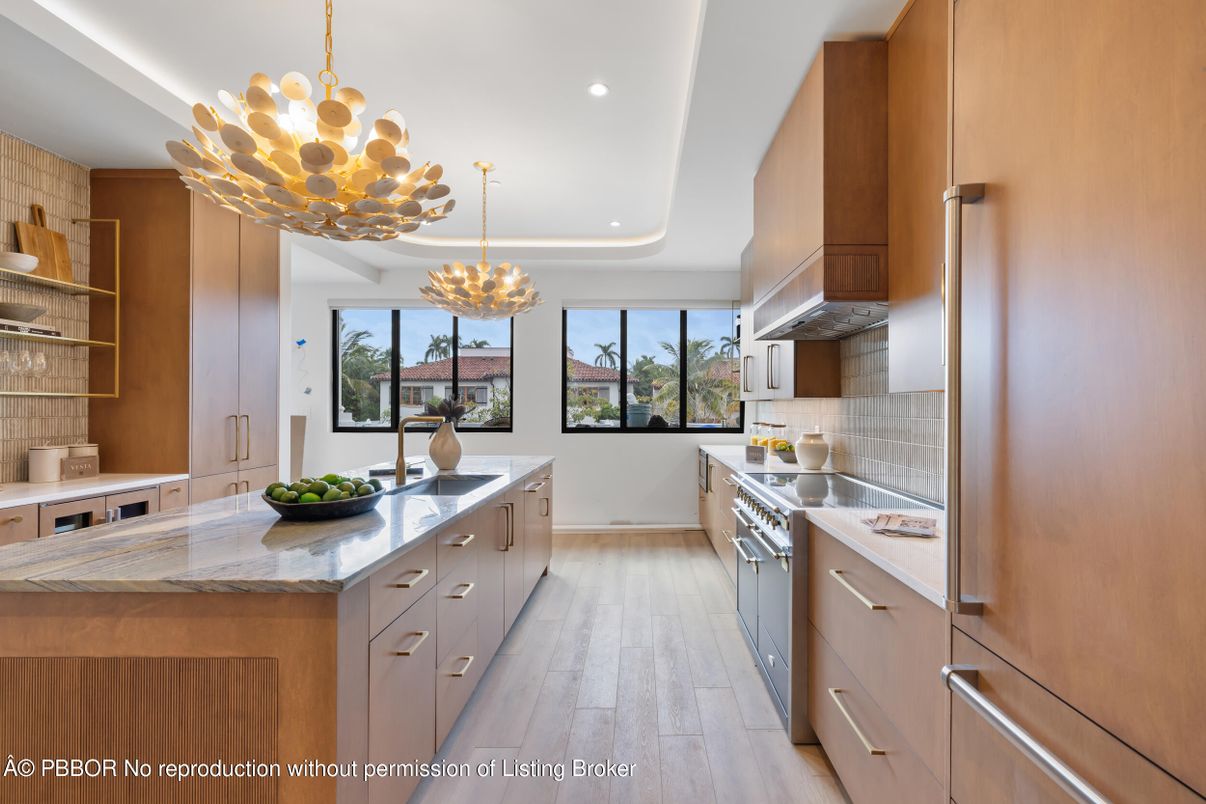 Chandelier, Interior, Kitchen, Pendant Lights, Recessed Lighting, Stainless Steel Appliances, Wood Texture Flooring
