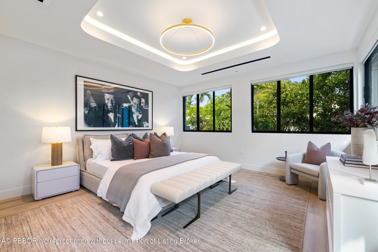 Bedroom, Interior, Pendant Lights, Recessed Lighting, Wood Texture Flooring