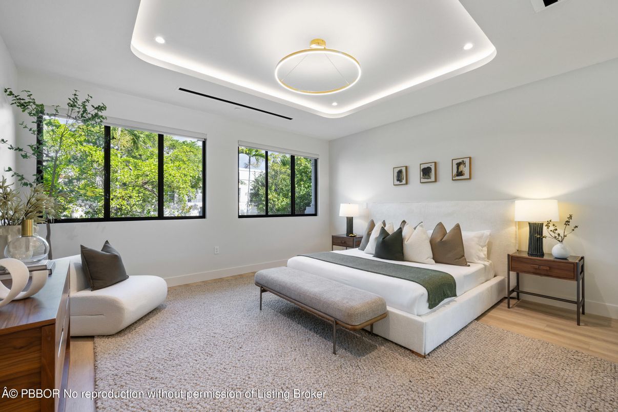 Bedroom, Interior, Pendant Lights, Recessed Lighting, Wood Texture Flooring