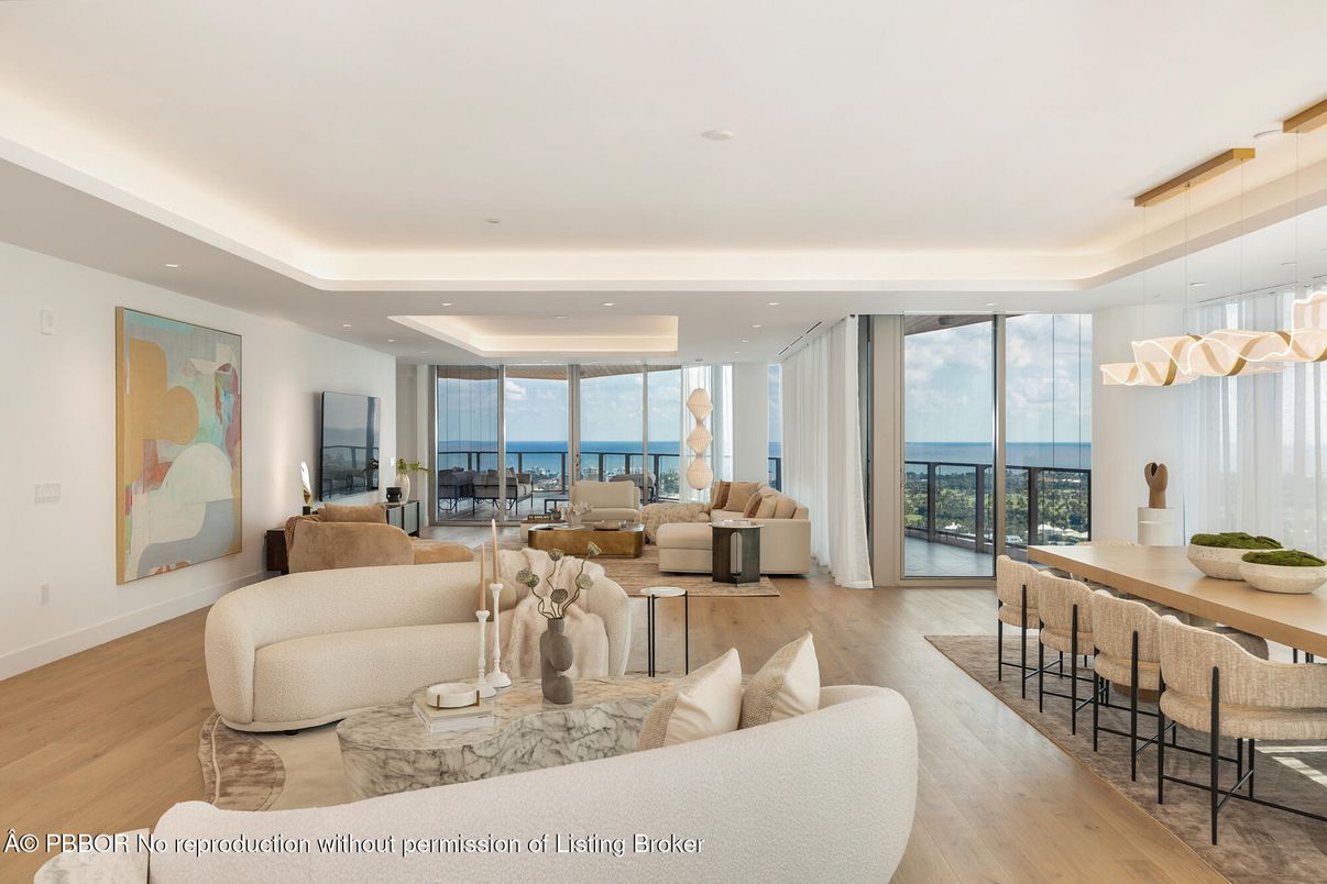 Dining room, Interior, Living room, Pendant Lights, Recessed Lighting, Water, Wood Texture Flooring