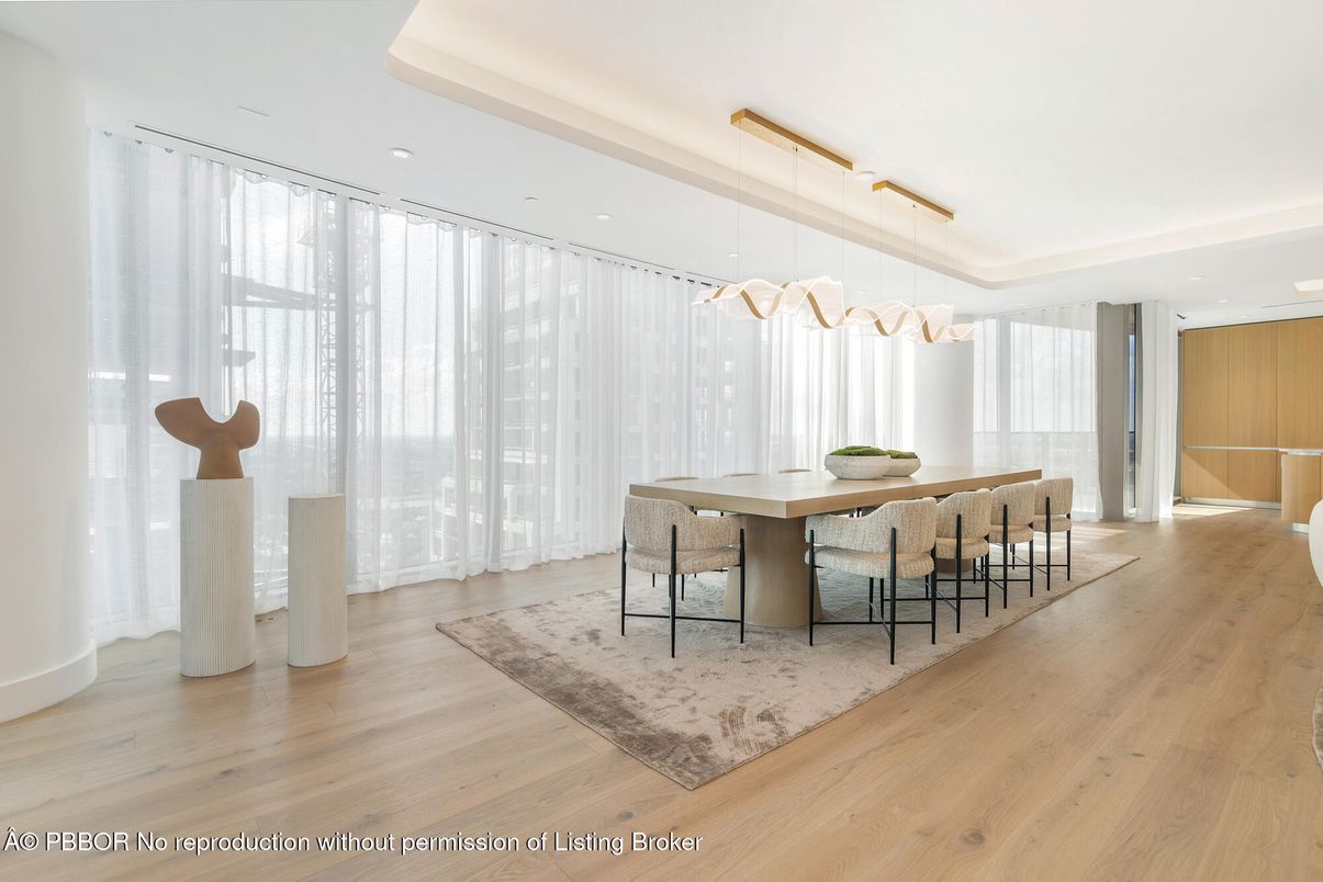 Dining room, Interior, Pendant Lights, Recessed Lighting, Wood Texture Flooring