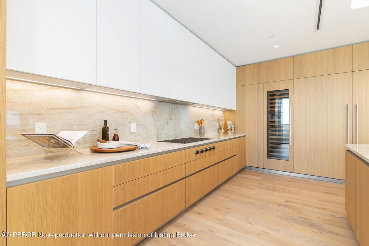 Interior, Kitchen, Marble Walls, Recessed Lighting, Wood Texture Flooring