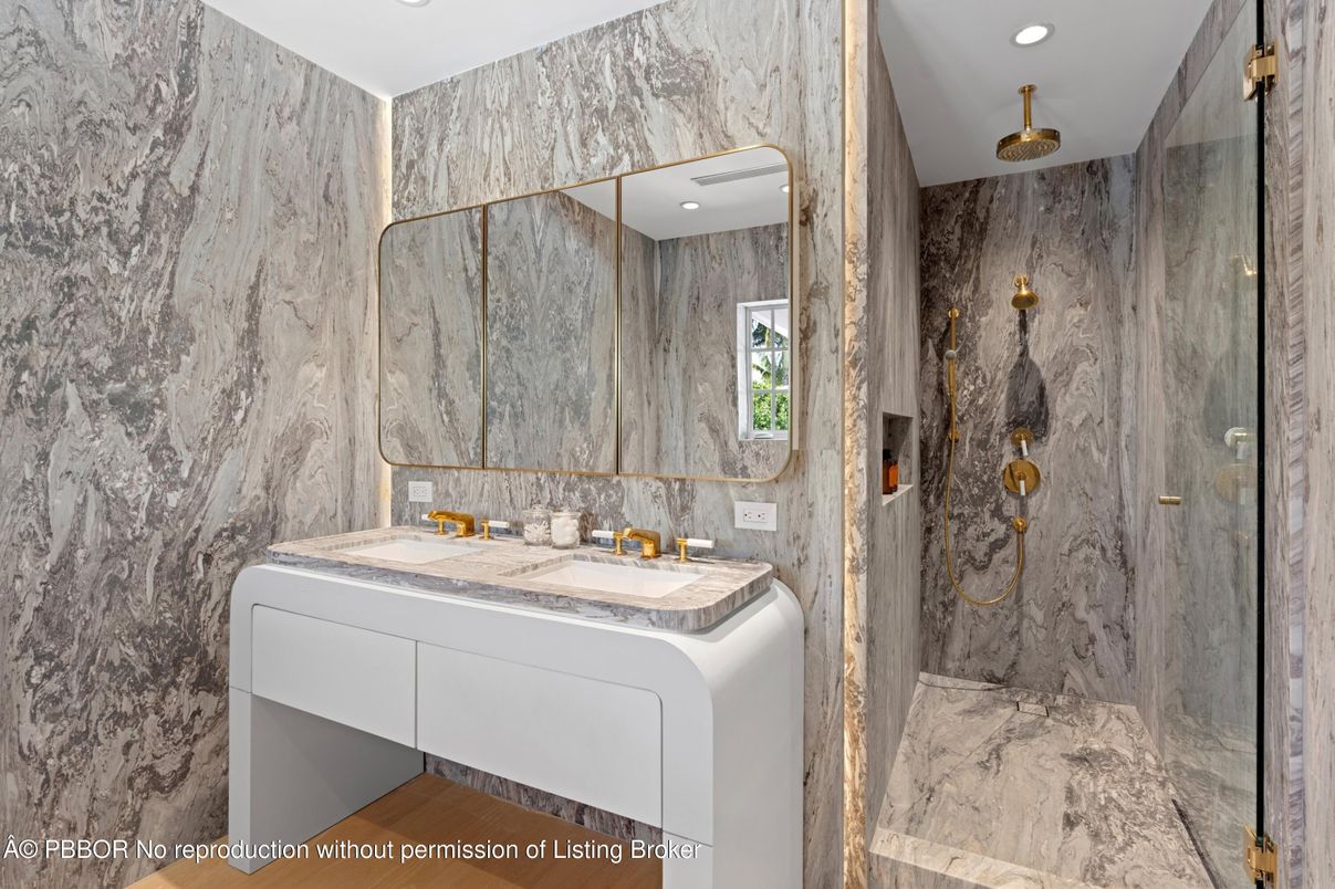 Bathroom, Glass Shower, Interior, Marble, Marble Walls, Recessed Lighting