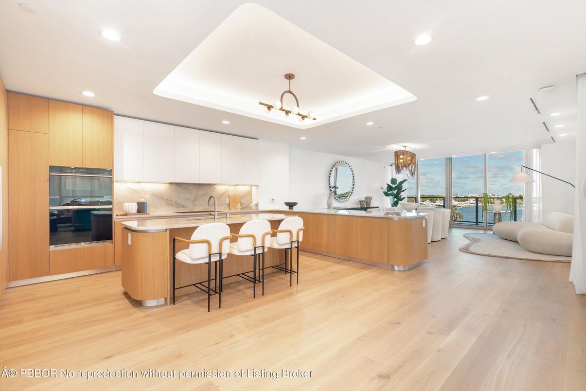 Chandelier, Interior, Kitchen, Pendant Lights, Recessed Lighting, Stainless Steel Appliances, Water, Wood Texture Flooring