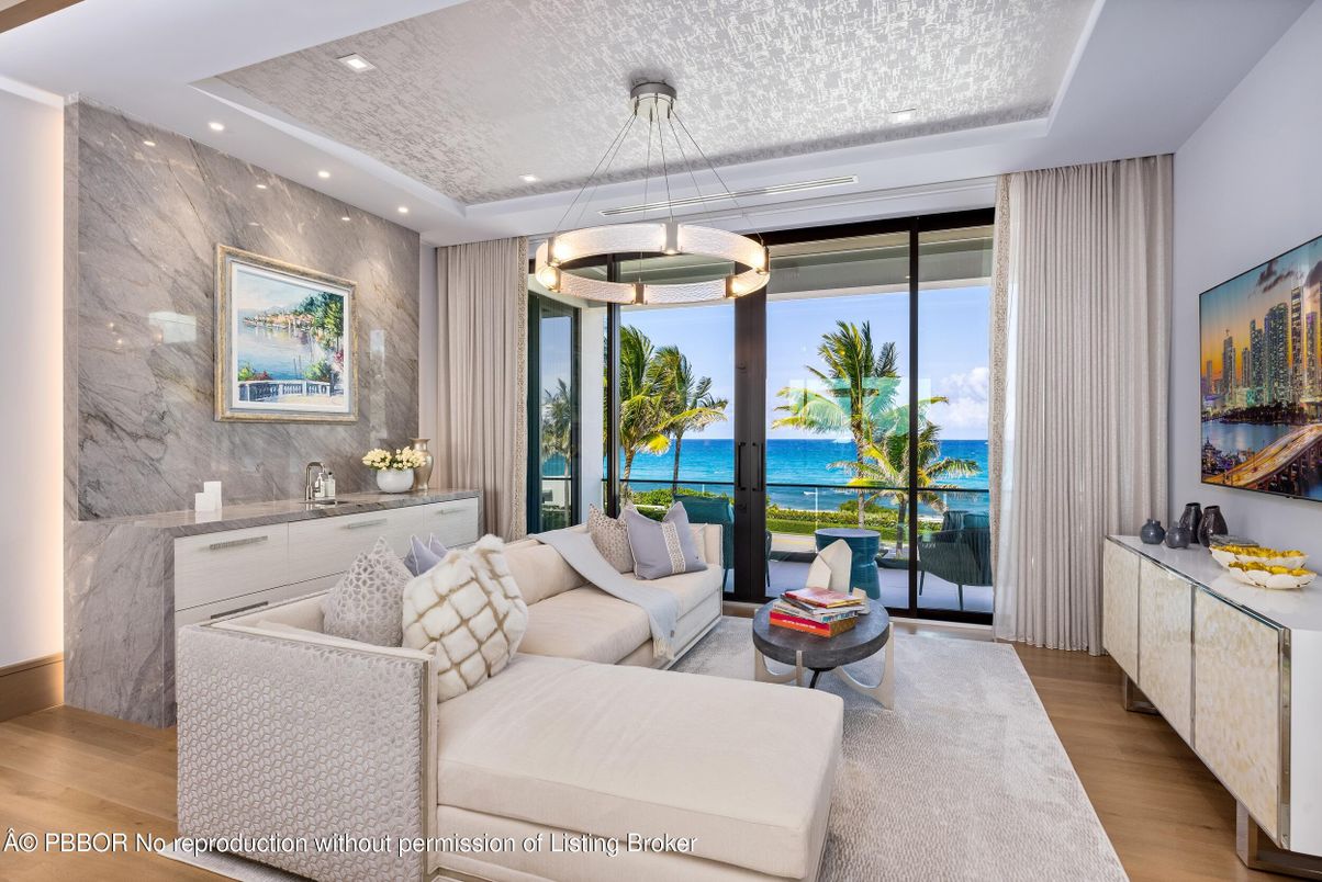 Interior, Living room, Marble Walls, Pendant Lights, Recessed Lighting, Water, Wood Texture Flooring