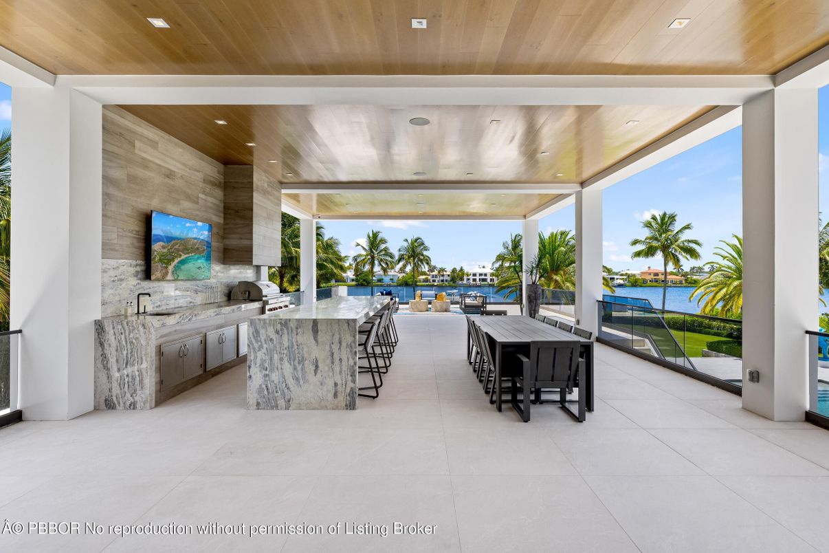 Exterior, Outdoor Kitchen, Recessed Lighting, Water, Wooden Ceilings