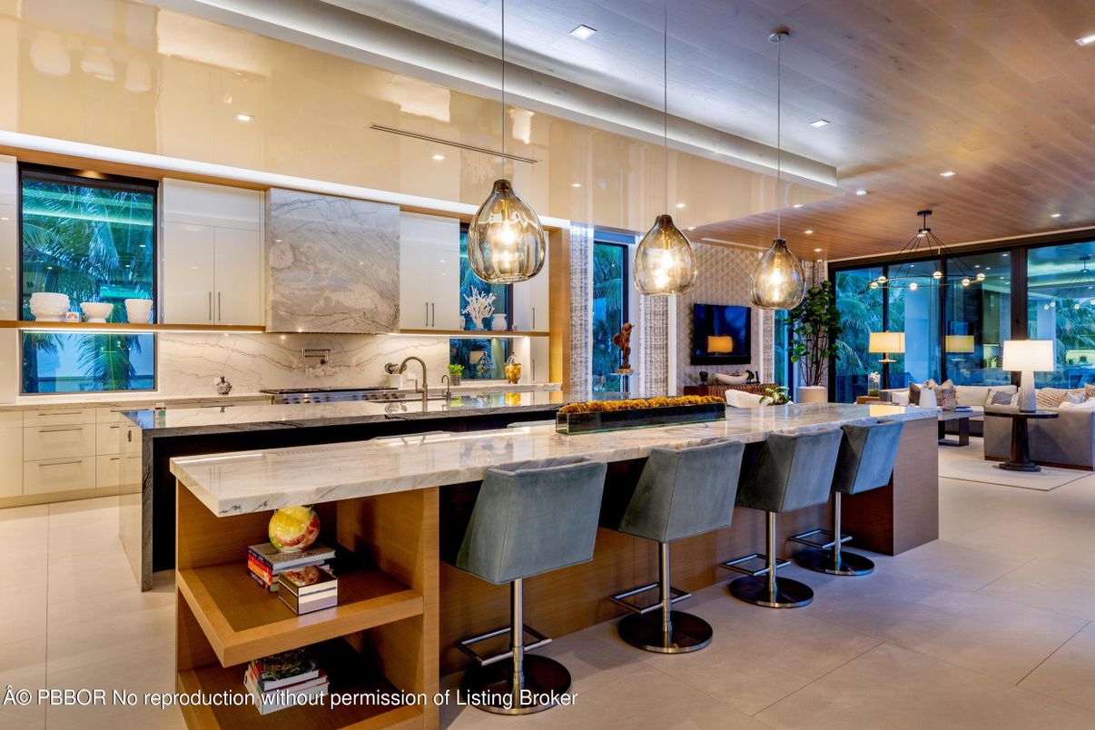 Interior, Kitchen, Marble Walls, Pendant Lights, Recessed Lighting