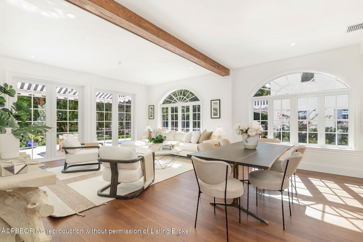 Dining room, Interior, Living room, Recessed Lighting, Wooden Beams, Wood Texture Flooring