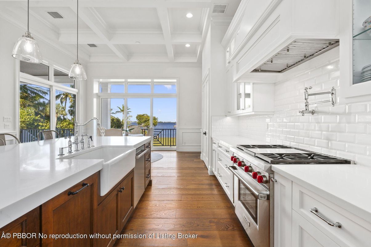 Interior, Kitchen, Pendant Lights, Recessed Lighting, Stainless Steel Appliances, Water, Wood Texture Flooring