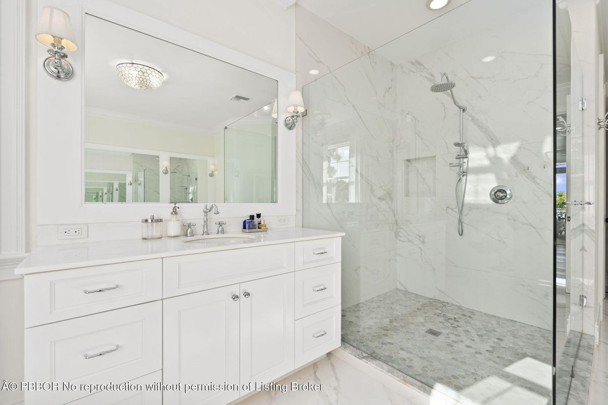 Bathroom, Glass Shower, Interior, Marble, Marble Walls, Recessed Lighting