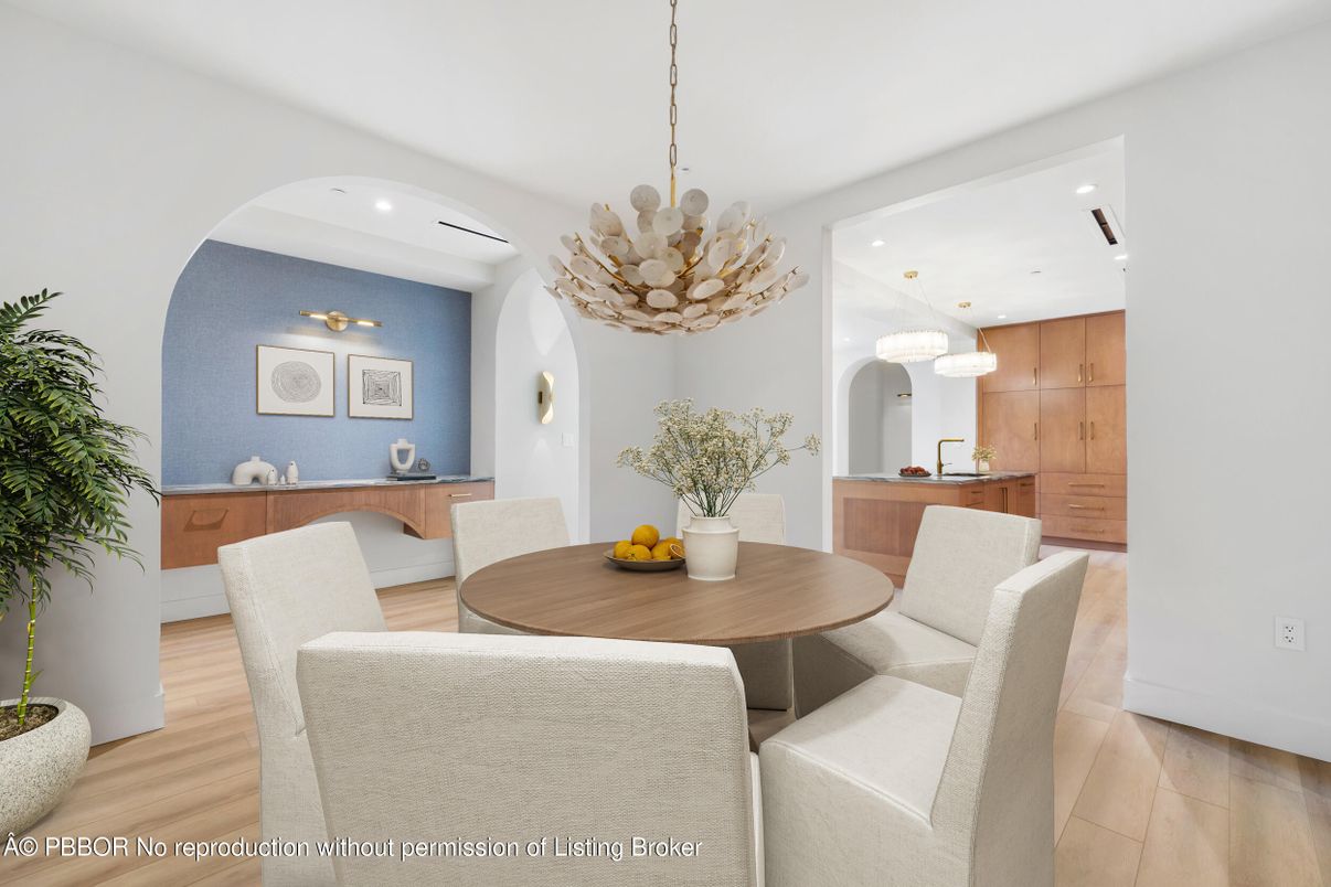 Dining room, Interior, Pendant Lights, Recessed Lighting, Wood Texture Flooring