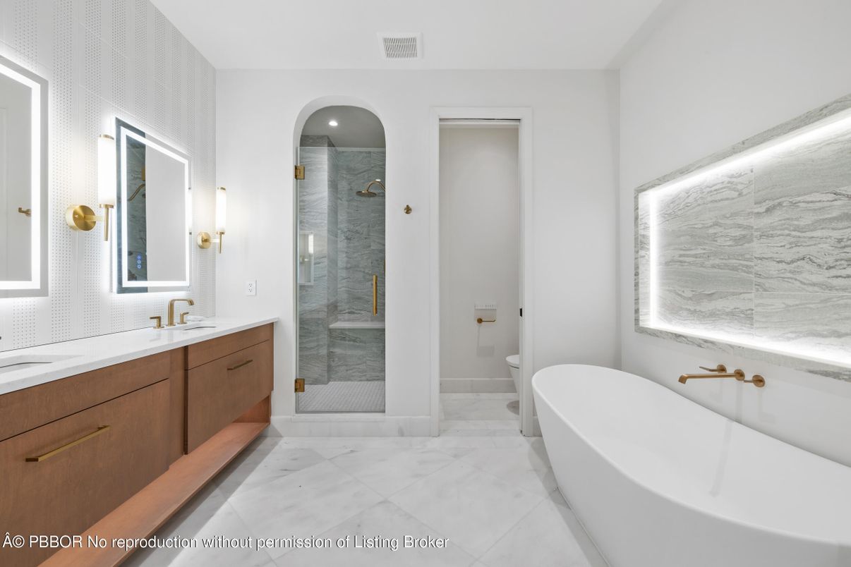 Bathroom, Dual Sink Vanities, Free Standing Baths, Glass Shower, Interior, Marble, Marble Walls