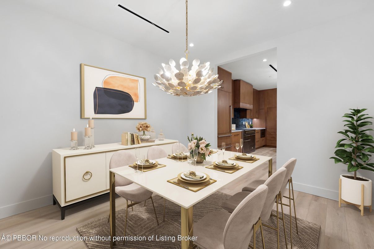 Dining room, Interior, Kitchen, Pendant Lights, Recessed Lighting, Wood Texture Flooring