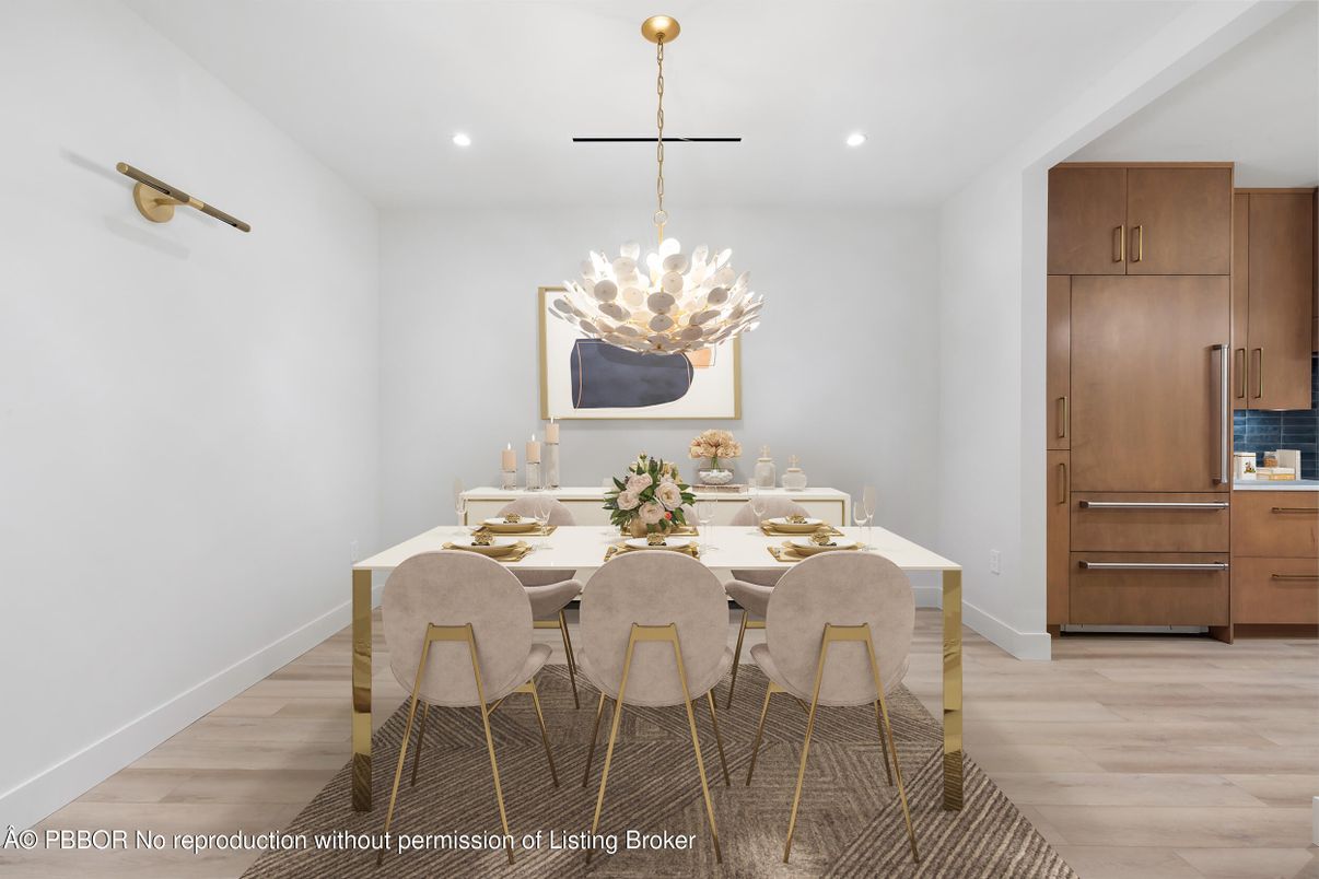 Dining room, Interior, Pendant Lights, Recessed Lighting, Wood Texture Flooring