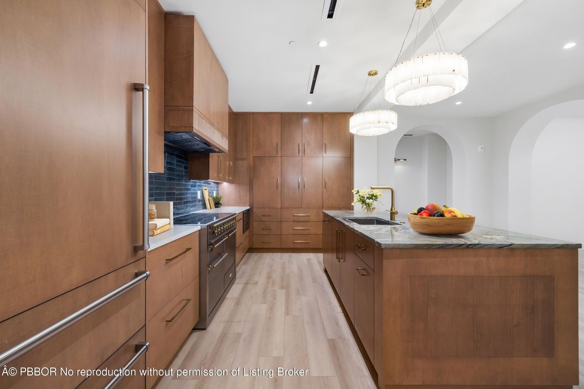 Chandelier, Interior, Kitchen, Pendant Lights, Recessed Lighting, Tile Countertops, Wood Texture Flooring