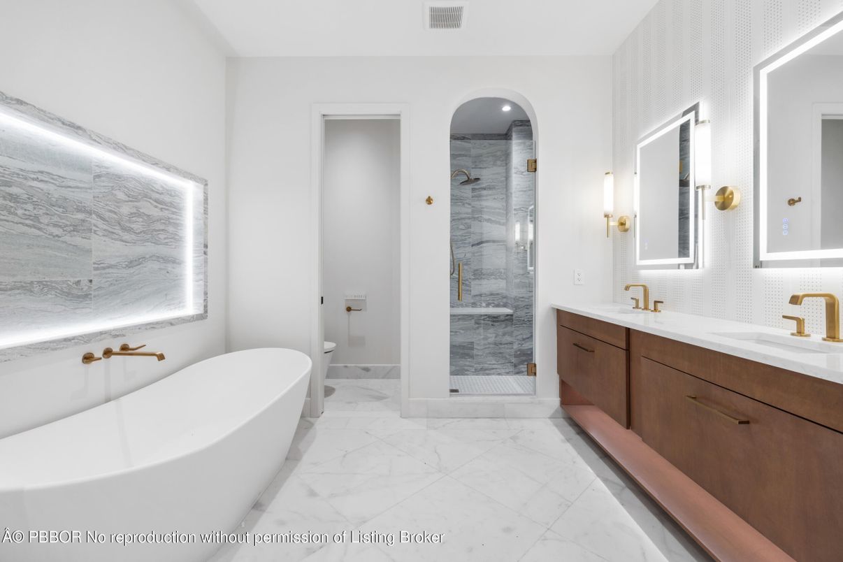 Bathroom, Dual Sink Vanities, Free Standing Baths, Glass Shower, Interior, Marble, Marble Walls