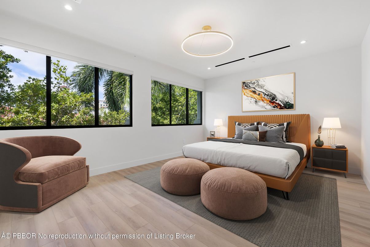 Bedroom, Interior, Pendant Lights, Recessed Lighting, Wood Texture Flooring