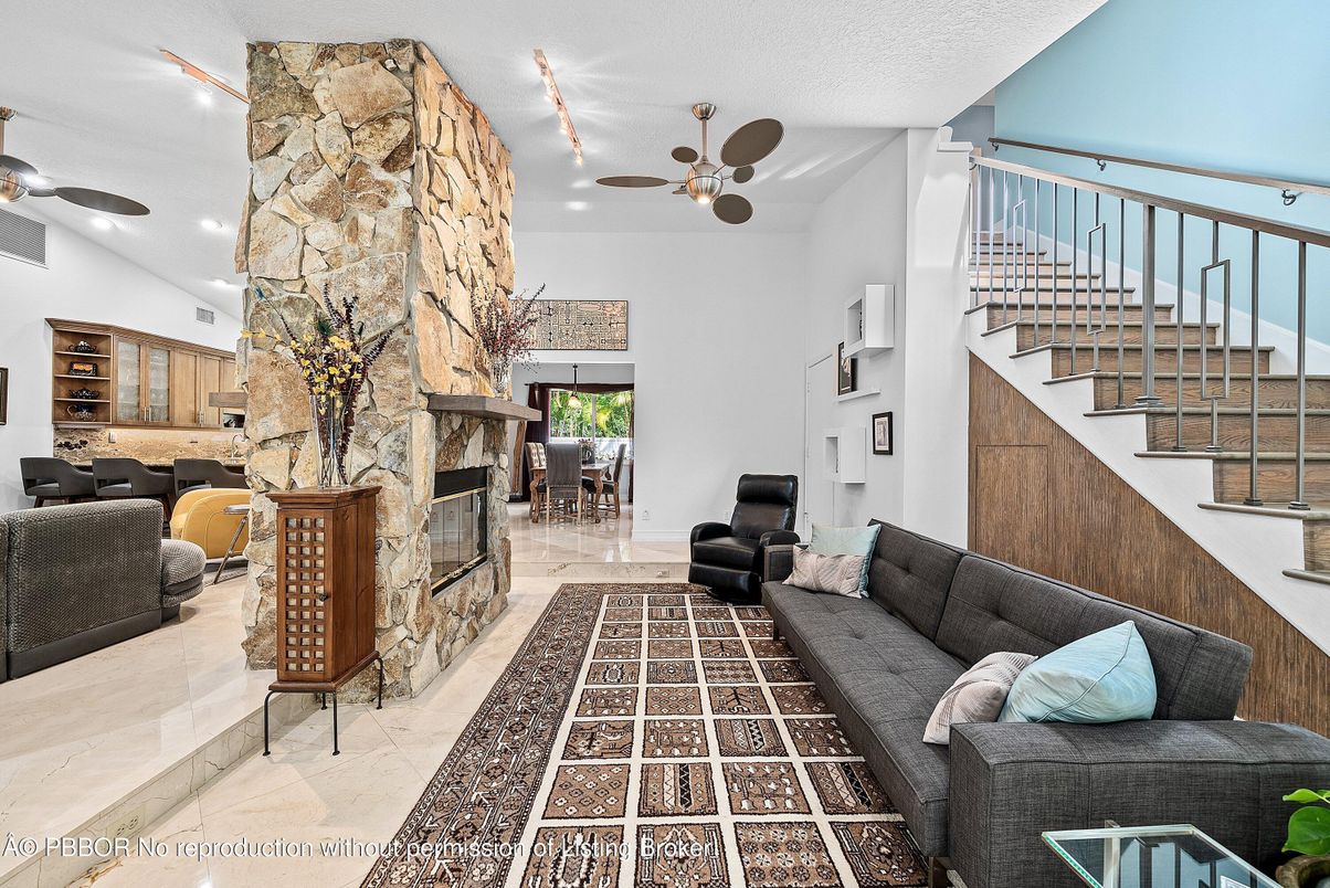 Fireplace, Interior, Living room, Recessed Lighting, Stone Walls