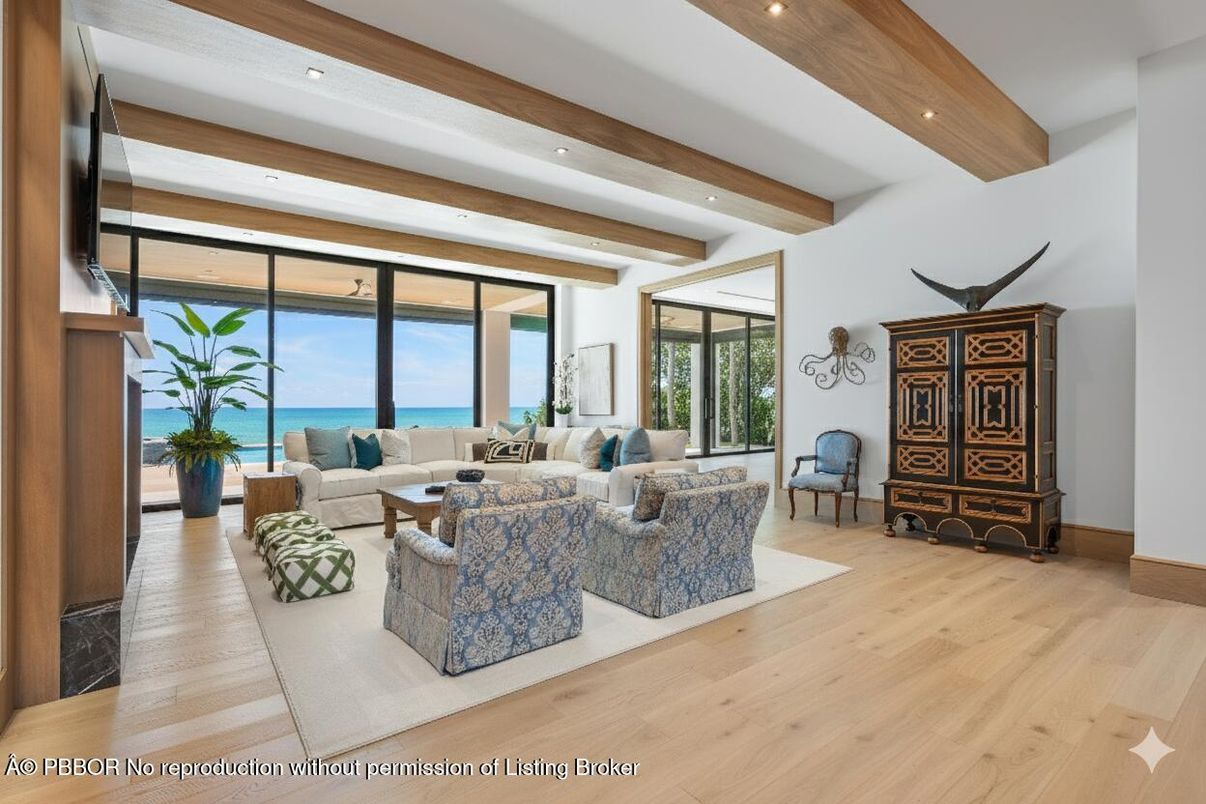 Fireplace, Interior, Living room, Recessed Lighting, Water, Wooden Beams, Wood Texture Flooring