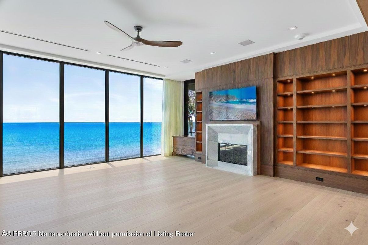 Empty room, Fireplace, Interior, Recessed Lighting, Water, Wood Texture Flooring, Wooden Walls