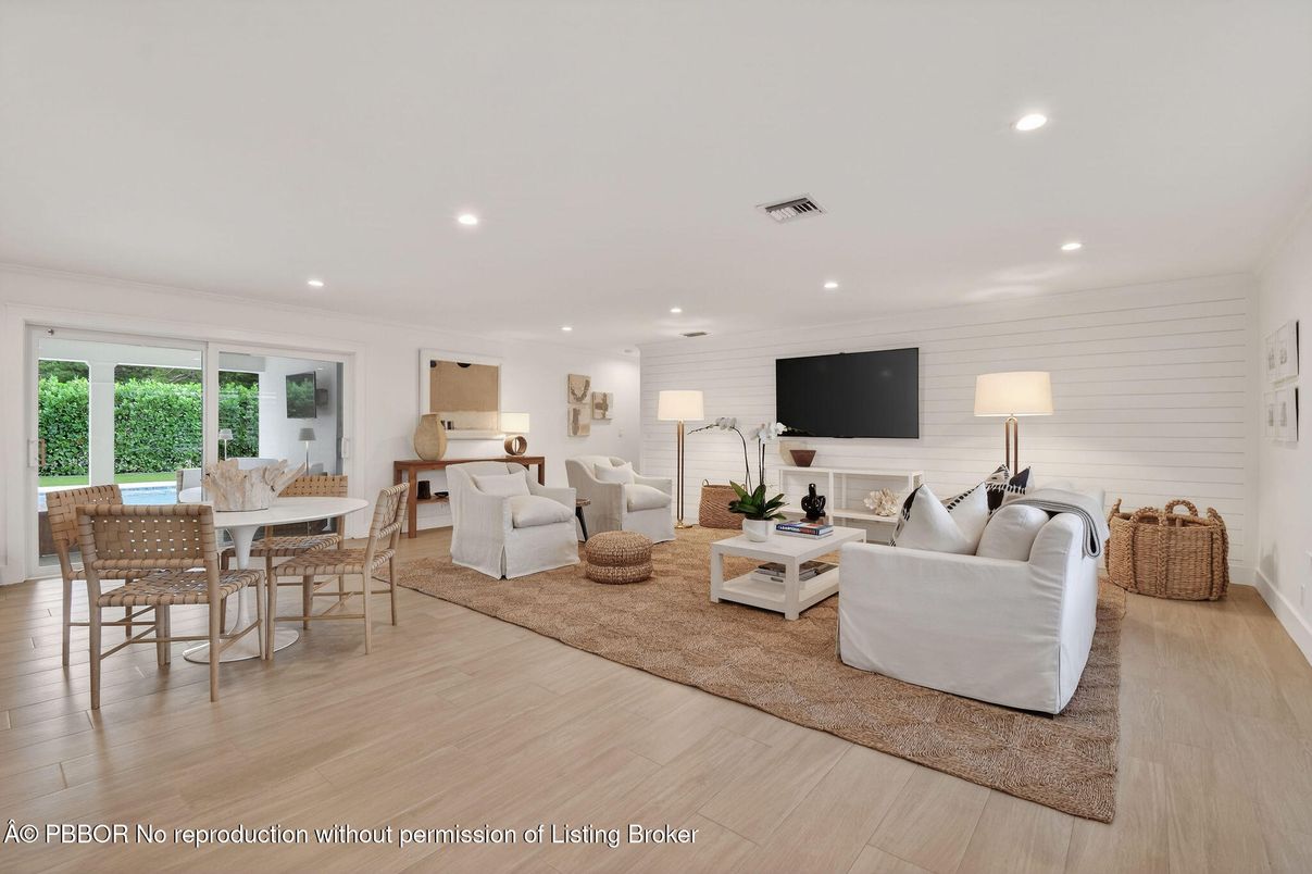 Dining room, Fireplace, Interior, Living room, Recessed Lighting, Wood Texture Flooring