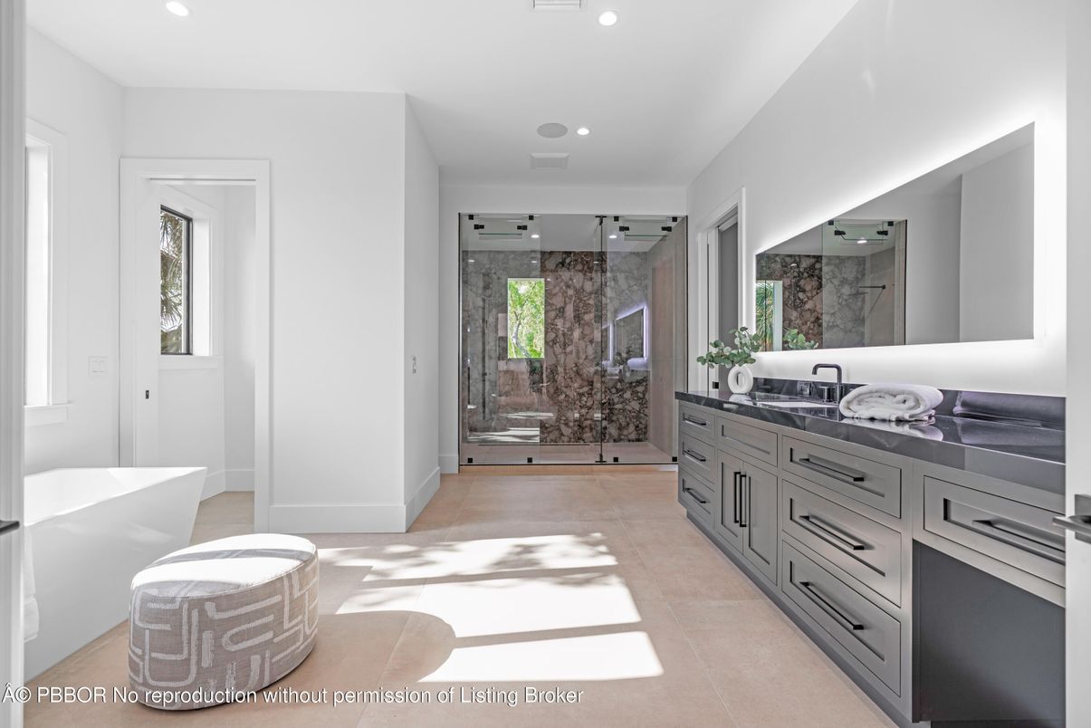 Bathroom, Dual Sink Vanities, Glass Shower, Interior, Recessed Lighting