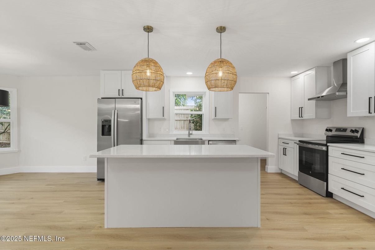 Interior, Kitchen, Pendant Lights, Recessed Lighting, Stainless Steel Appliances, Wood Texture Flooring