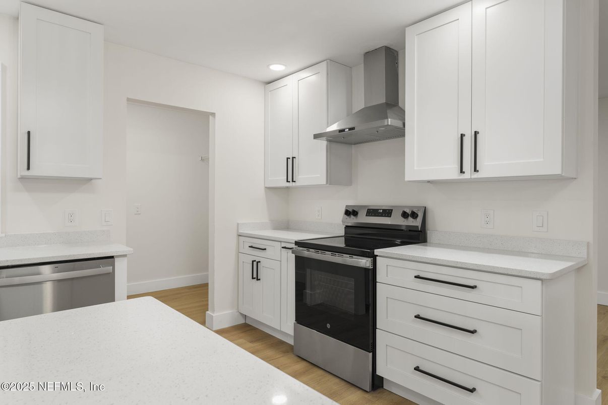 Interior, Kitchen, Recessed Lighting, Stainless Steel Appliances, Wood Texture Flooring