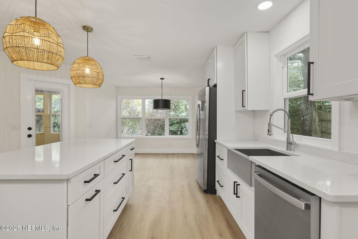 Interior, Kitchen, Pendant Lights, Recessed Lighting, Stainless Steel Appliances, Wood Texture Flooring