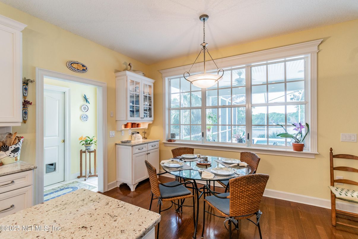 Dining room, Interior, Pendant Lights, Wood Texture Flooring