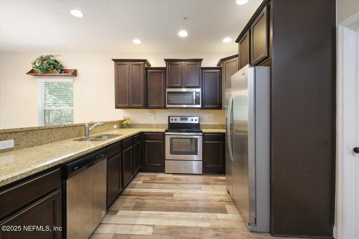 Interior, Kitchen, Recessed Lighting, Stainless Steel Appliances, Wood Texture Flooring