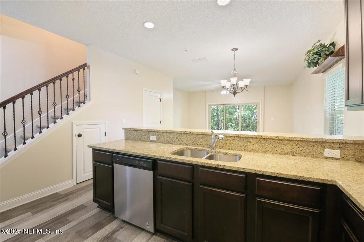 Chandelier, Interior, Kitchen, Recessed Lighting, Wood Texture Flooring