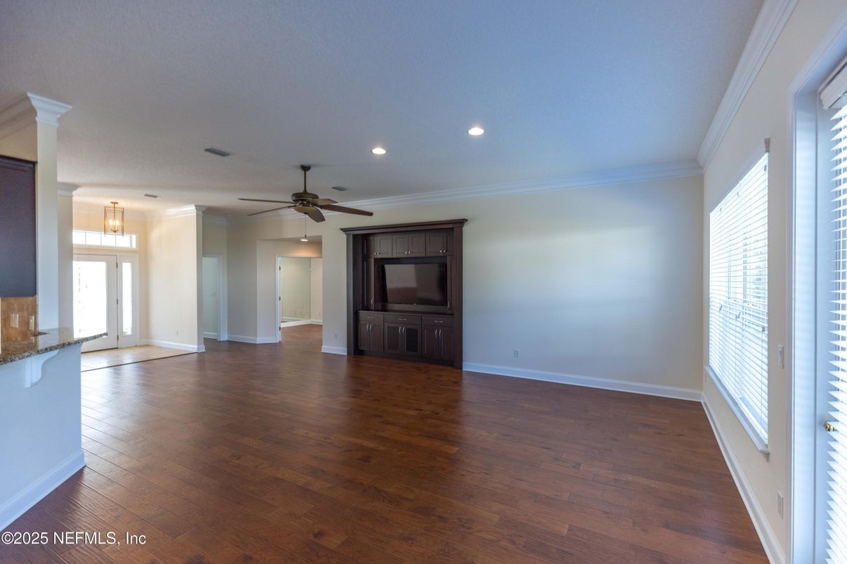 Empty room, Interior, Pendant Lights, Recessed Lighting, Wood Texture Flooring