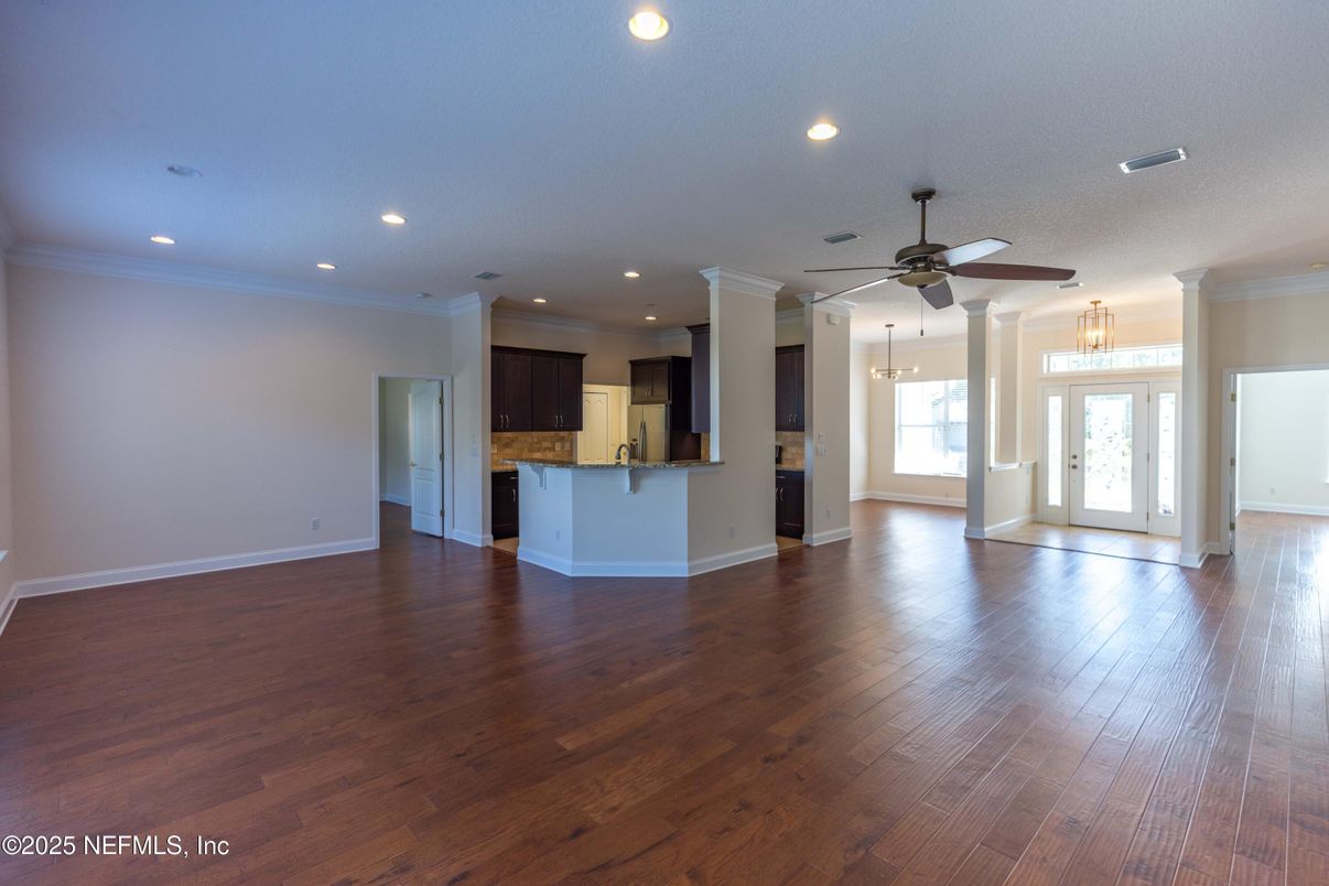 Empty room, Interior, Kitchen, Recessed Lighting, Wood Texture Flooring