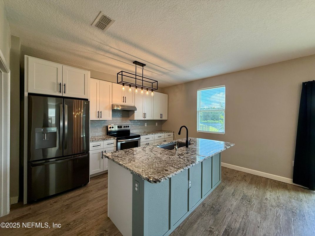 Interior, Kitchen, Pendant Lights, Stainless Steel Appliances, Wood Texture Flooring