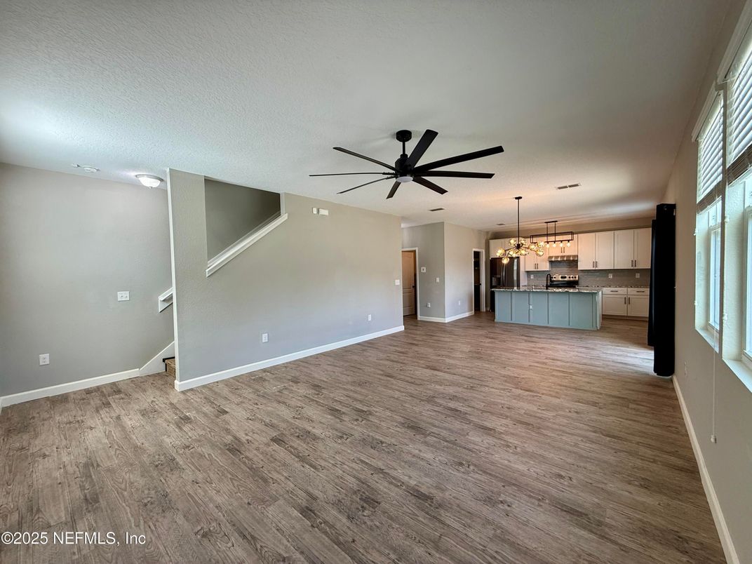 Empty room, Interior, Kitchen, Pendant Lights, Wood Texture Flooring