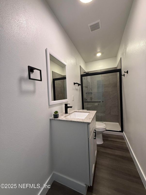 Bathroom, Glass Shower, Interior, Recessed Lighting, Wood Texture Flooring