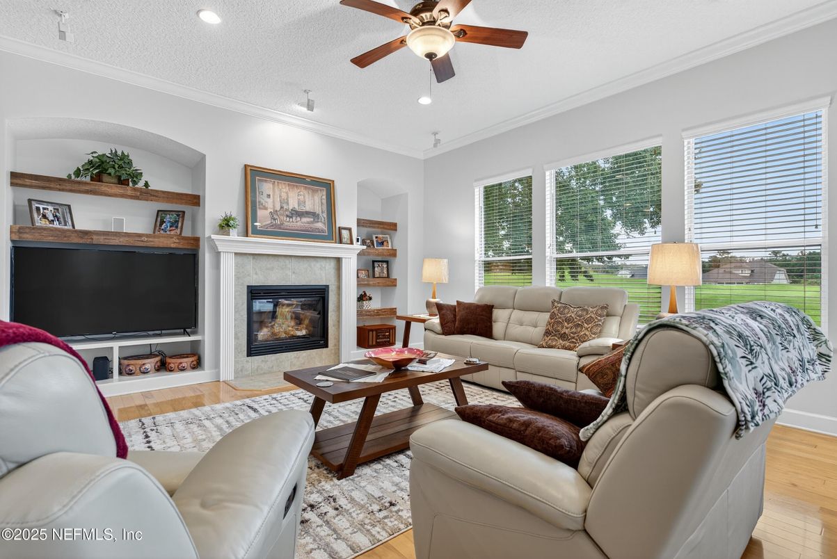 Fireplace, Interior, Living room, Recessed Lighting, Wood Texture Flooring