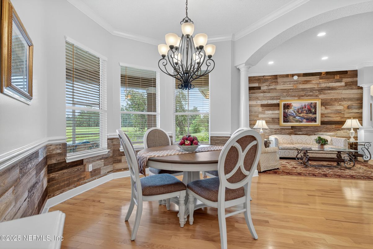 Chandelier, Dining room, Interior, Living room, Recessed Lighting, Wood Texture Flooring, Wooden Walls