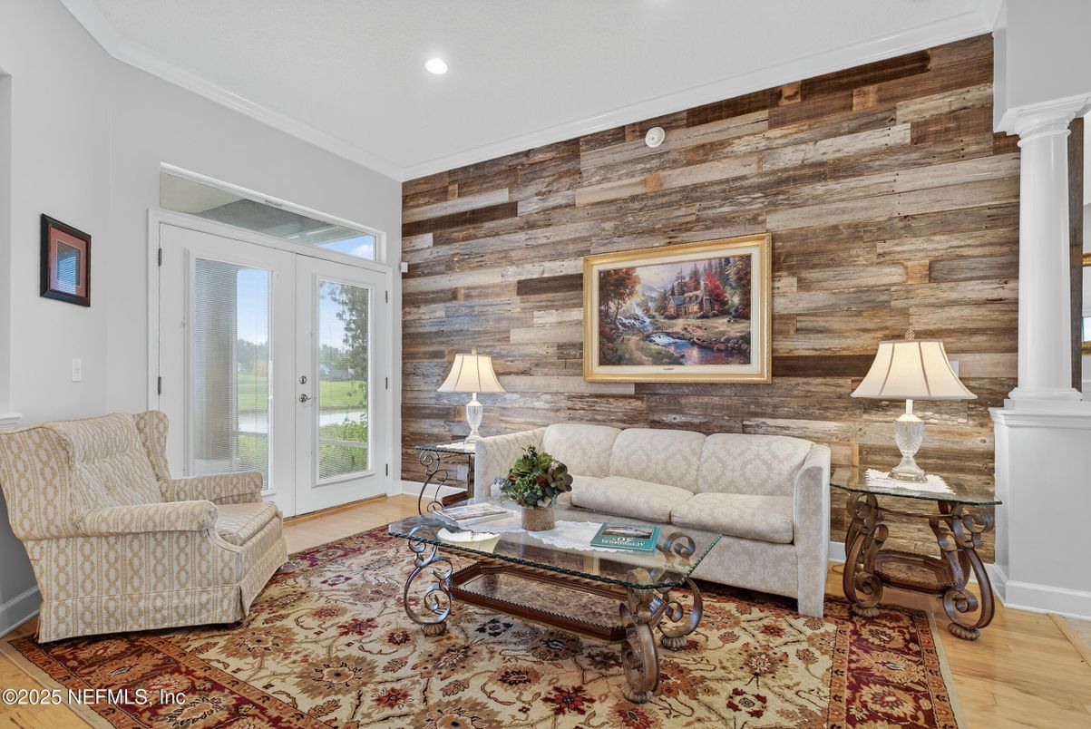 Interior, Living room, Recessed Lighting, Wood Texture Flooring, Wooden Walls