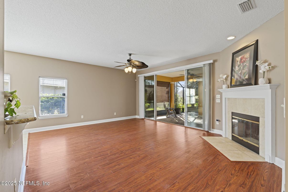 Empty room, Fireplace, Interior, Recessed Lighting, Wood Texture Flooring