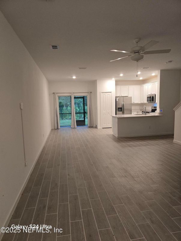 Empty room, Interior, Kitchen, Recessed Lighting, Wood Texture Flooring